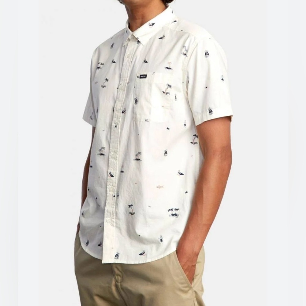 RVCA REGULAR FIT DANCING PALM TREES SURF SHARK BUTTON DOWN SHIRT MENS 2XL XXL